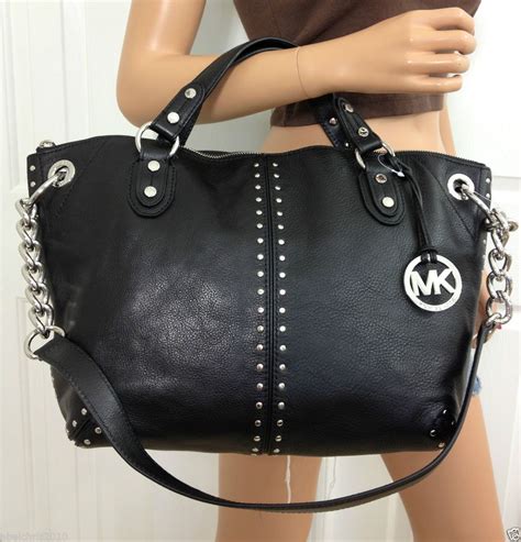 michael kors black purse with silver studs|michael kors astor studded handbag.